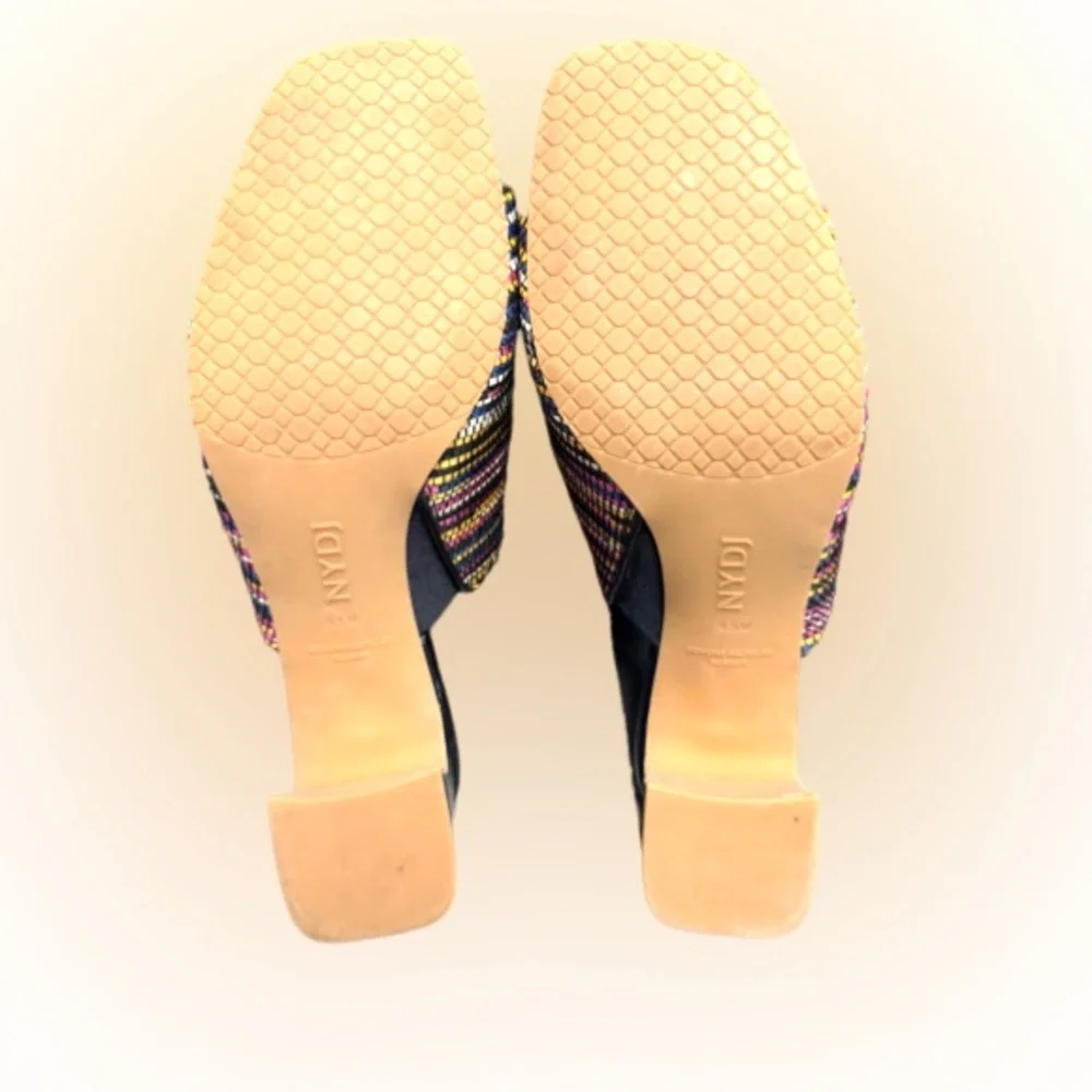 NYDJ Heeled Mule Slides-Gwen Black/Multi Colored NWOT Size 8.5 Pristine Cond.